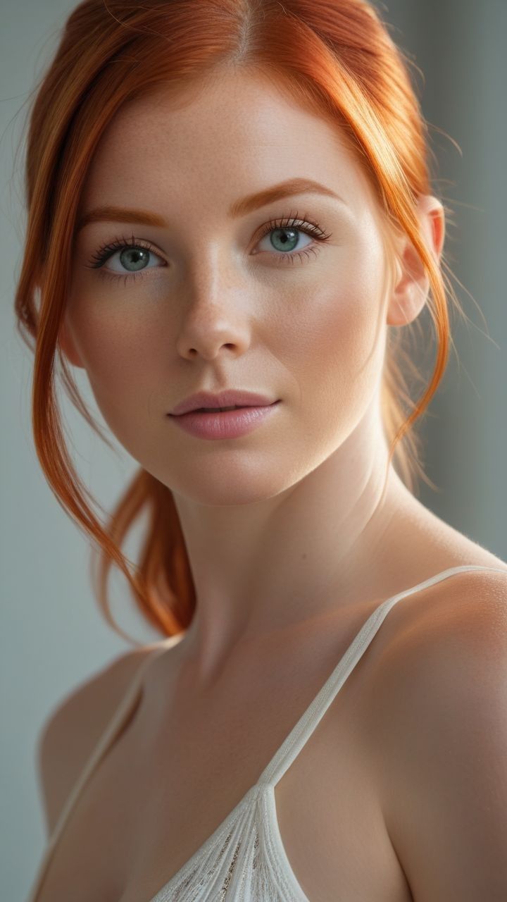 Woman with red hair and blue eyes in a thin-strapped top with soft lighting