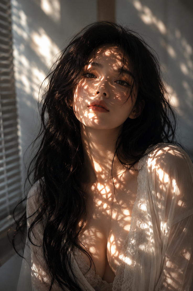Woman with long dark hair in a lace top with dramatic shadows on her face and body