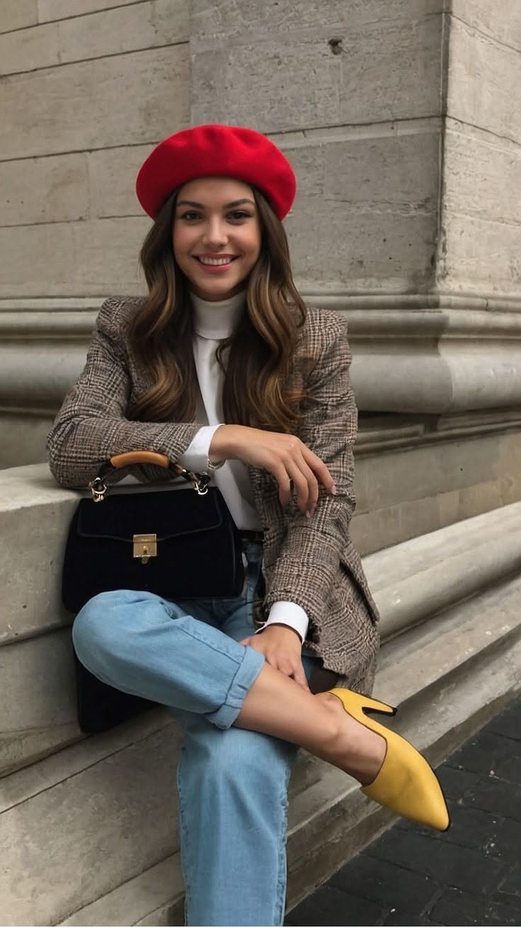 Woman in a red beret and plaid blazer sitting outdoors
