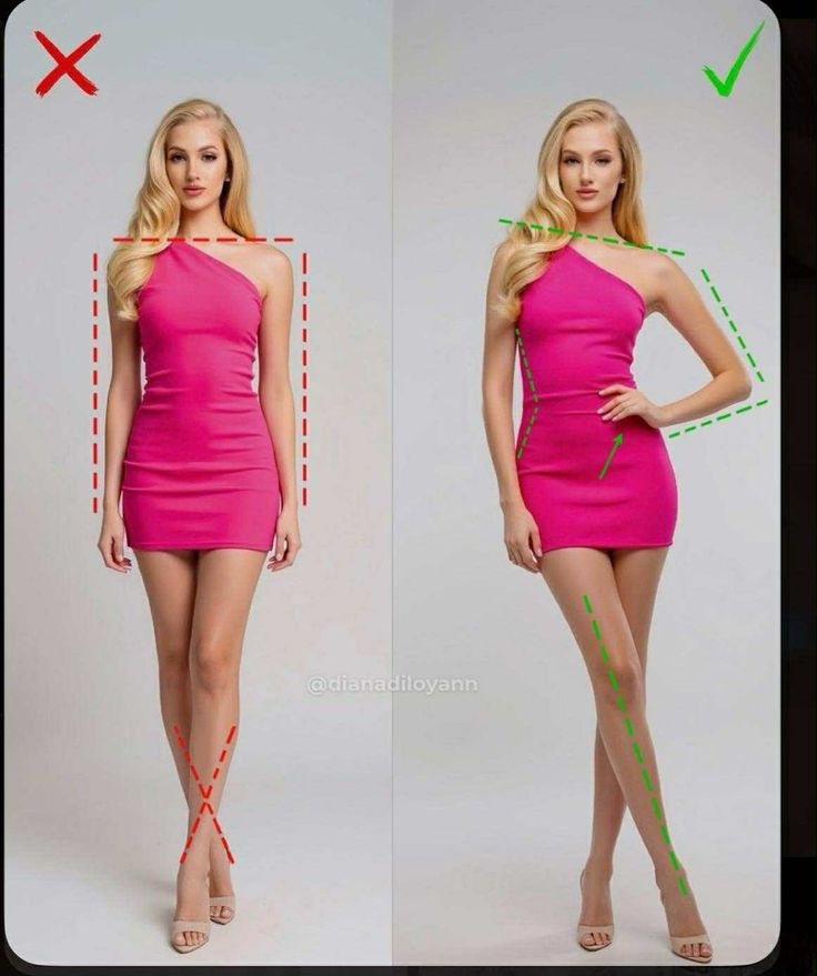 Woman in a pink dress demonstrating posing techniques in a studio