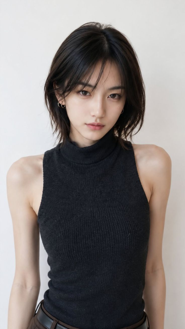 Woman with short black hair wearing a black sleeveless turtleneck top indoors