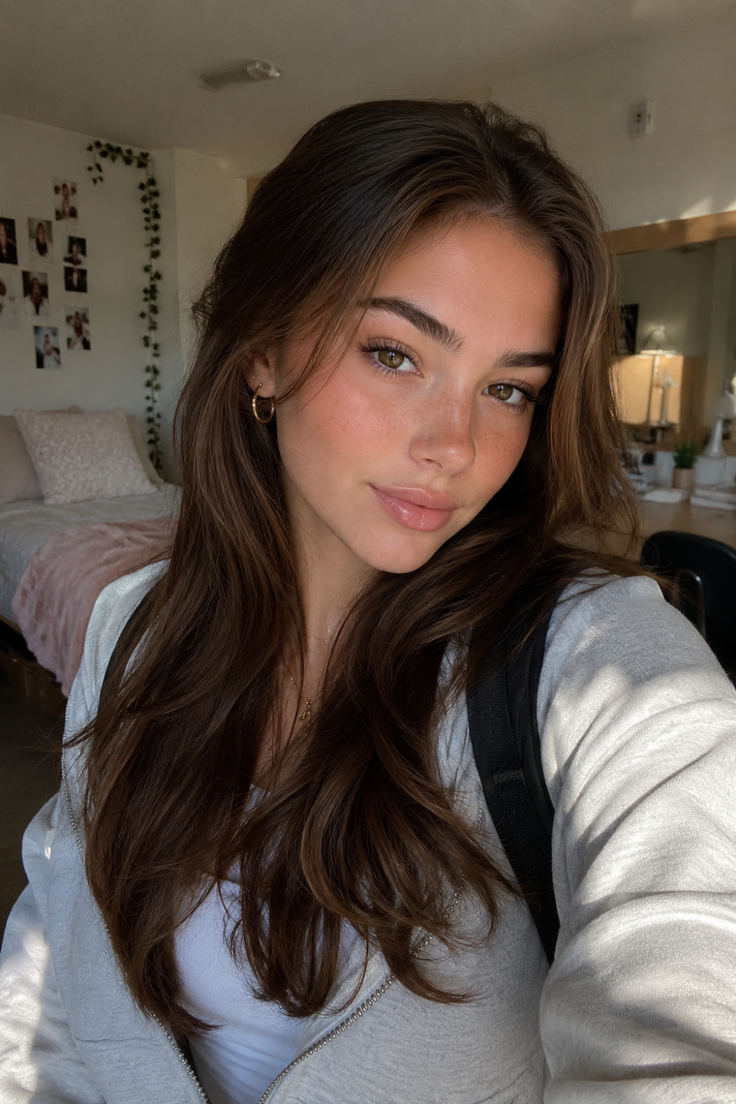 Woman with long brown hair and freckles wearing a hoodie indoors