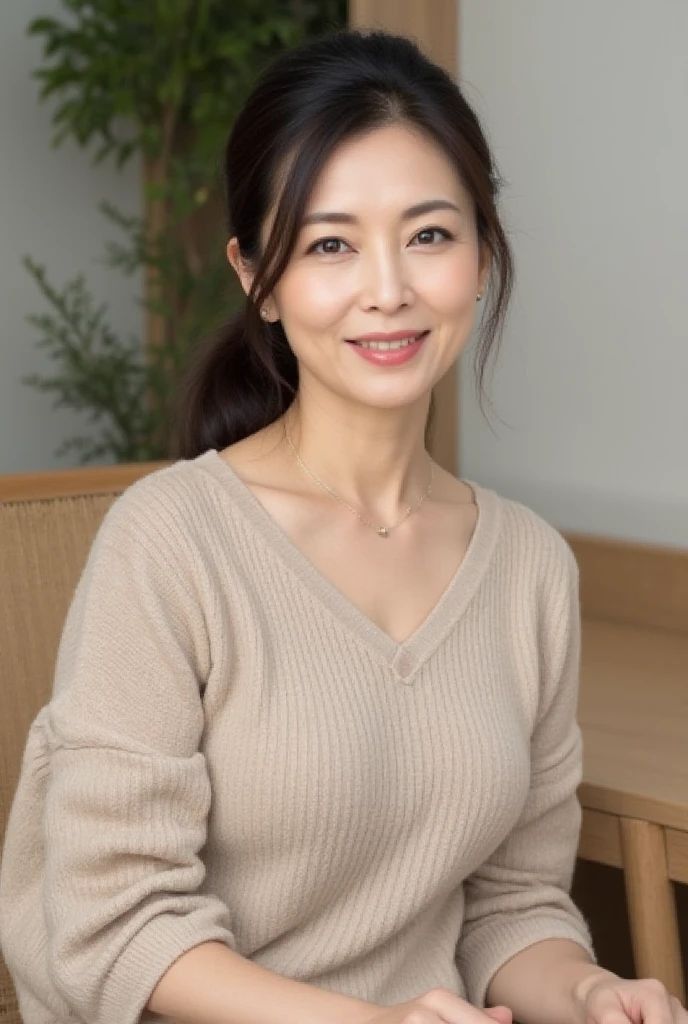 Woman with a ponytail wearing a v-neck sweater and gold necklace indoors
