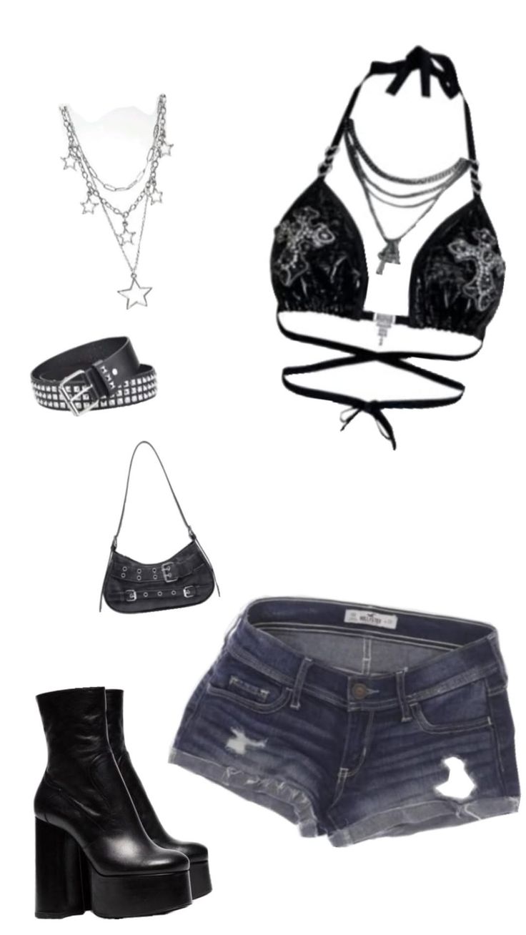 Collection of clothing and accessories including a halter top, denim shorts, and platform boots