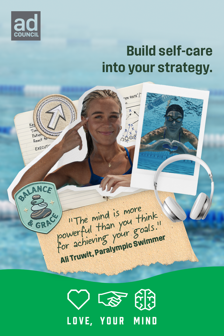 Collage featuring a swimmer and inspirational text about self-care