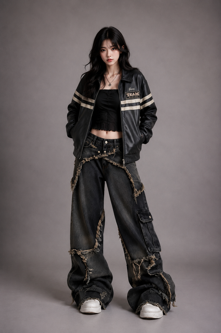 Woman in a black leather jacket and ripped jeans posing in a studio