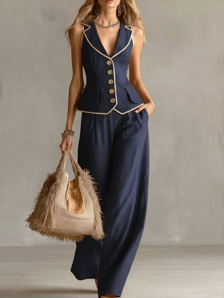 Woman in a navy sleeveless vest and wide leg pants holding a straw bag