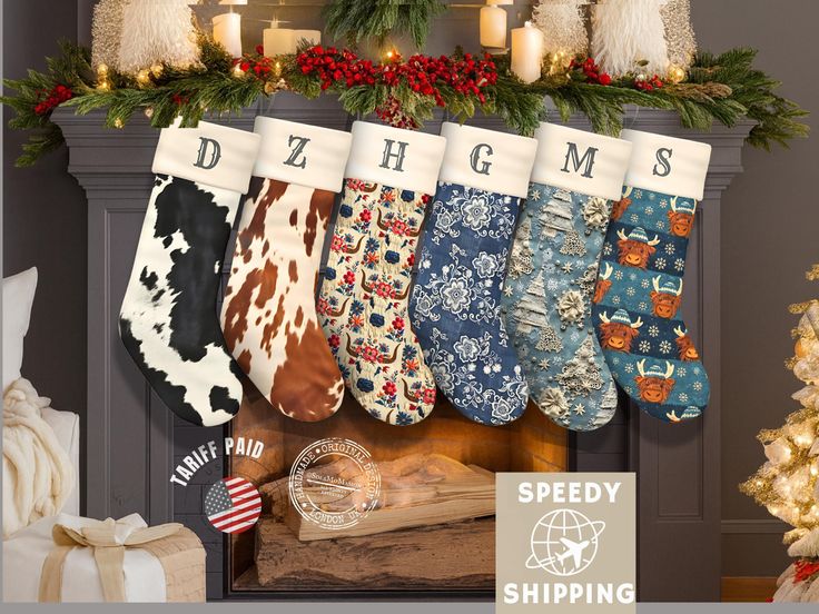 Christmas stockings with various patterns hanging from a decorated fireplace mantel