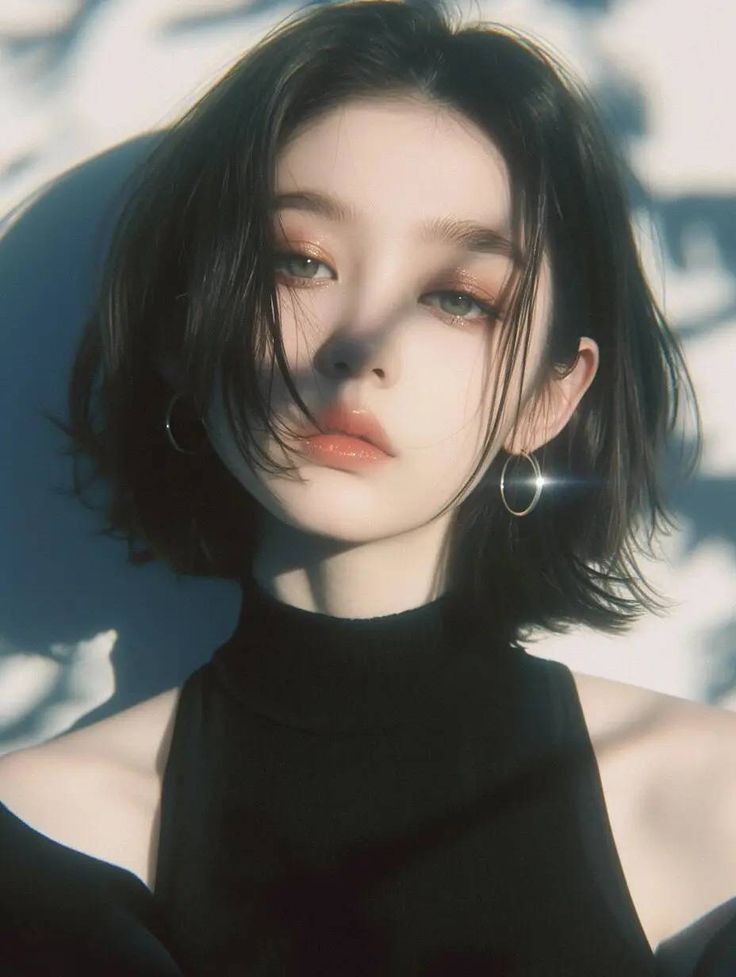 Woman with short black hair and hoop earrings in dramatic lighting