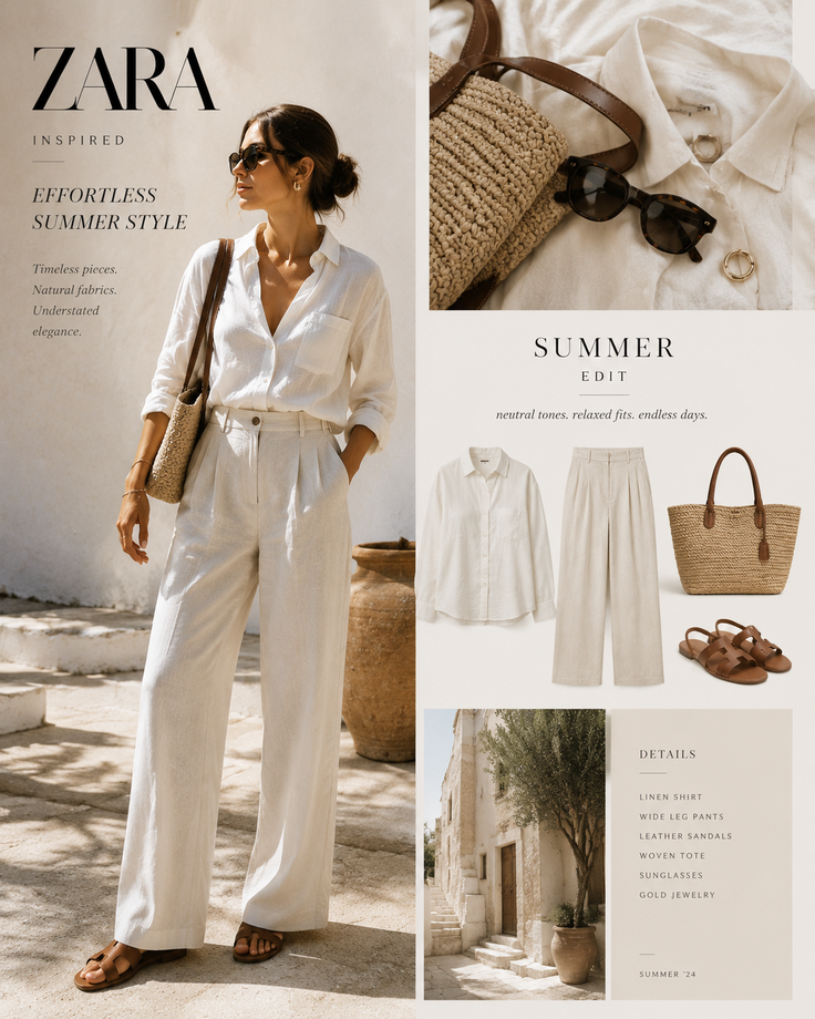 Woman in a linen shirt and wide leg pants with a woven tote bag outdoors