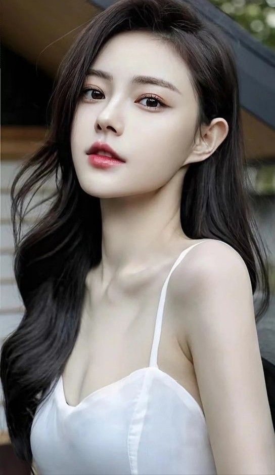 Realistic portrait of a woman with long dark hair wearing a white top