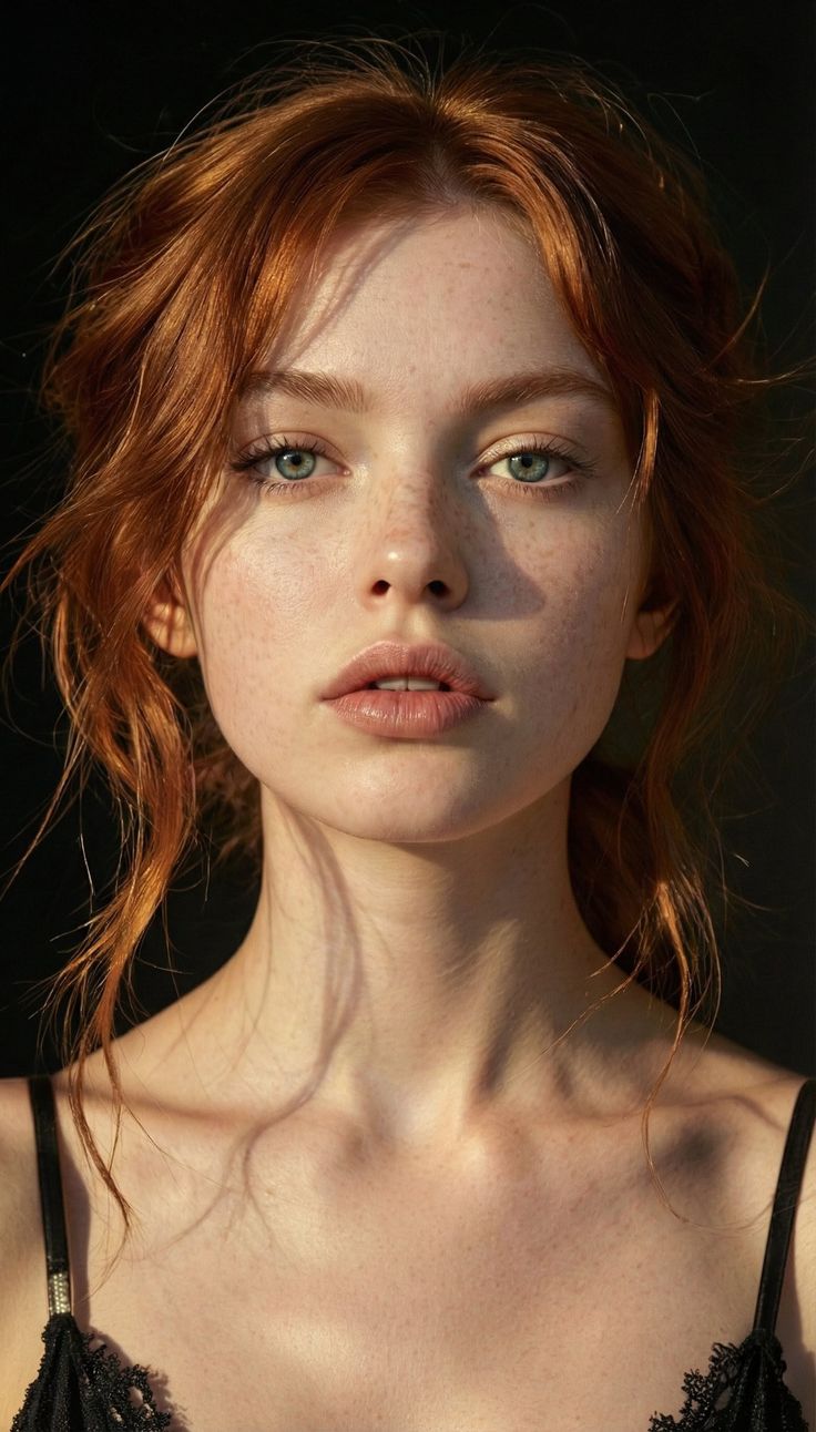 Woman with red hair and freckles in a black top with soft lighting