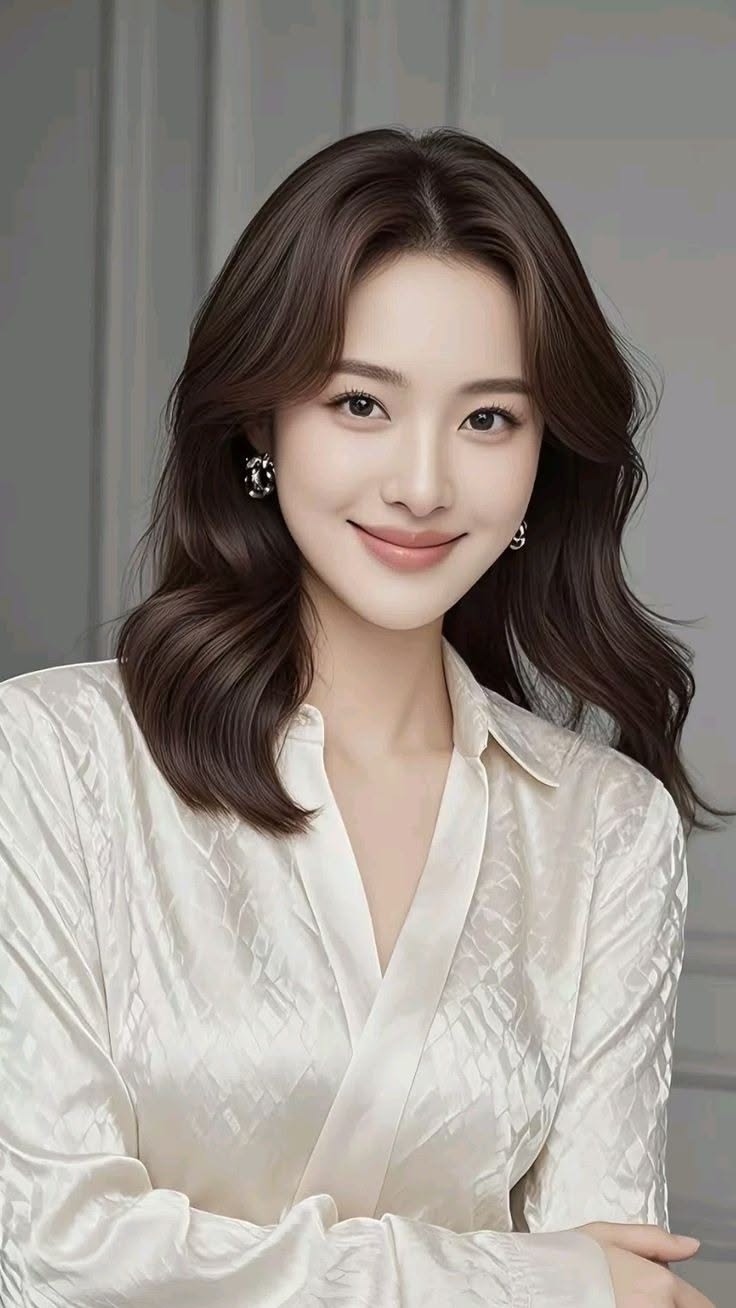 Woman with long wavy hair wearing a white collared shirt and earrings