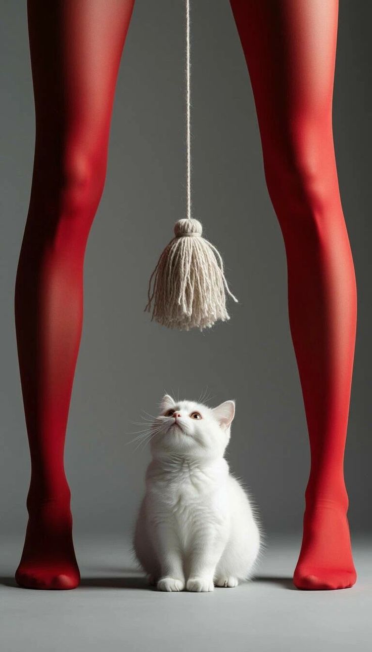 White cat looking up at a yarn tassel between legs in red tights