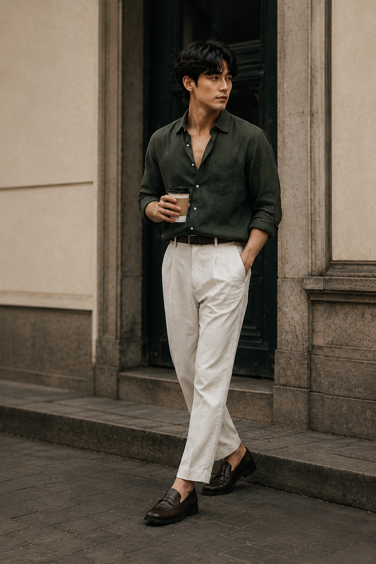 Man in a dark green shirt and white pants holding a coffee cup on a street