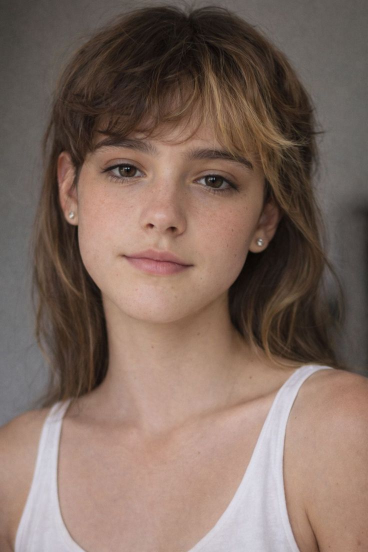 Young woman with long hair and freckles wearing a white tank top