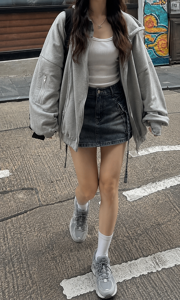 Person in a grey hoodie and denim skirt walking on a street