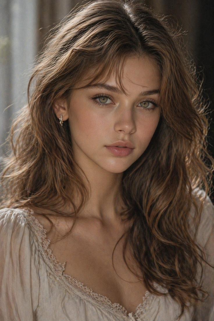 Woman with long wavy hair and green eyes wearing a top with lace trim