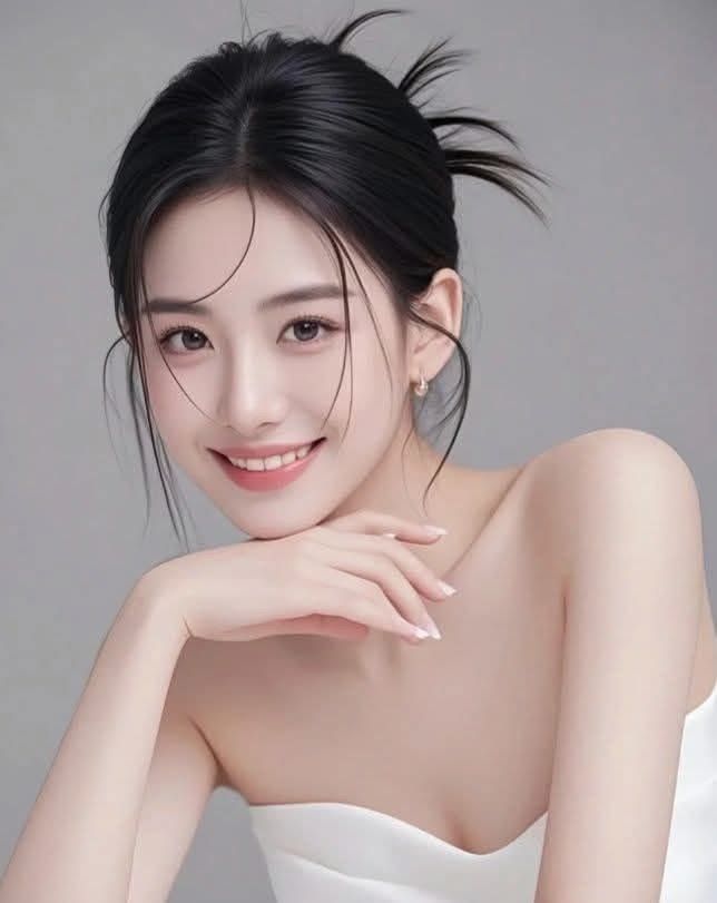 Woman with black hair in an updo, smiling with bare shoulders