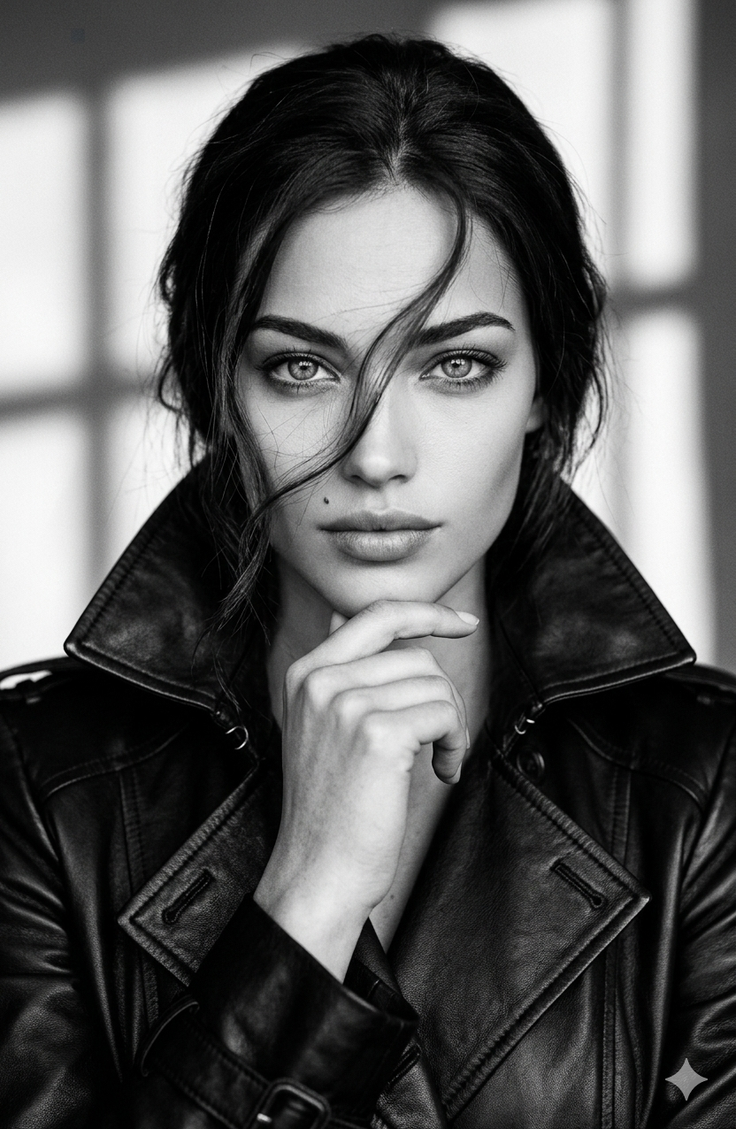 Woman in a leather jacket with dark hair and hand on chin in black and white
