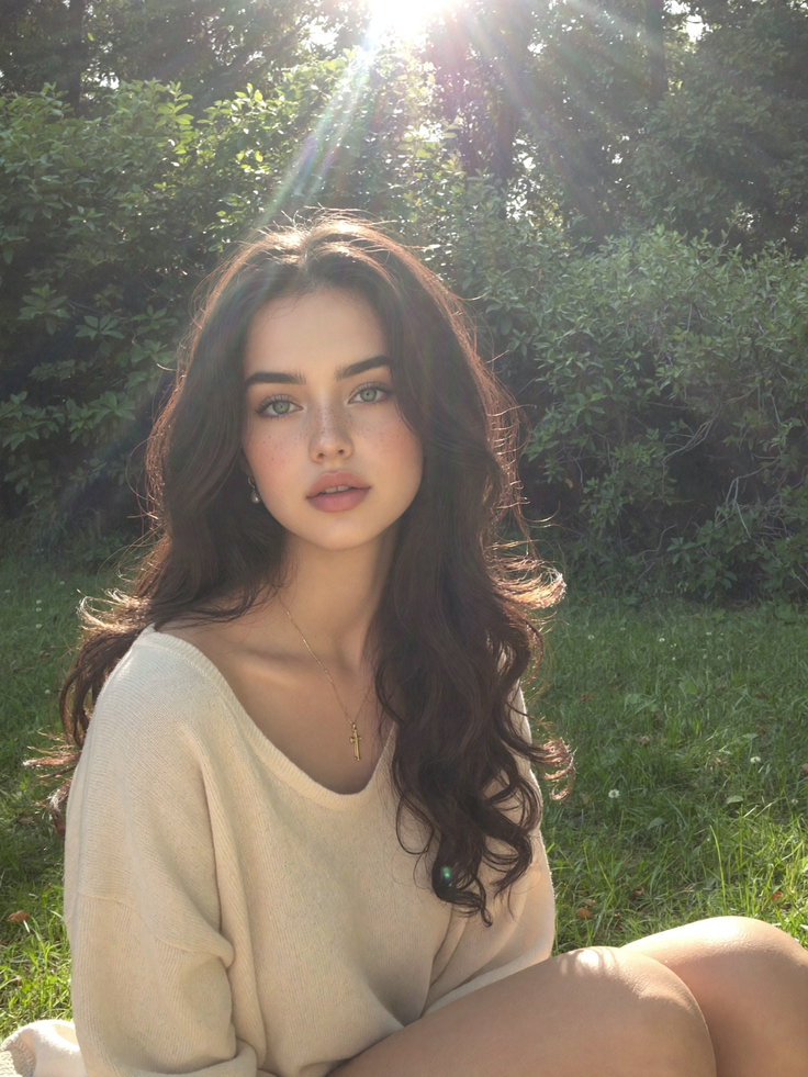 Woman with long dark hair and freckles sitting outdoors in soft sunlight