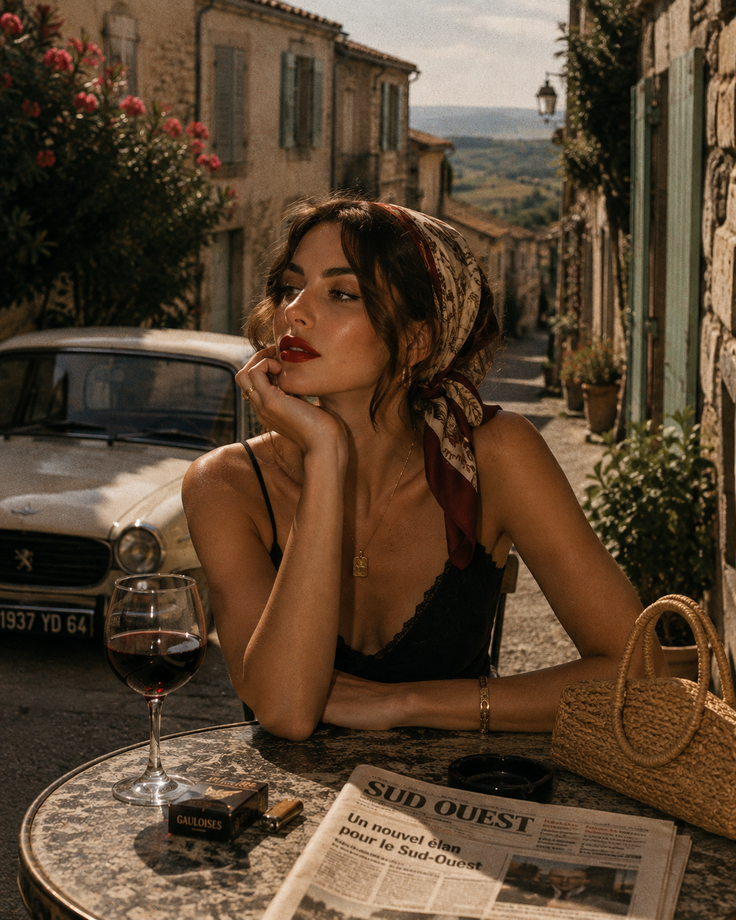 Woman with a head scarf and red lipstick at an outdoor cafe in an old town