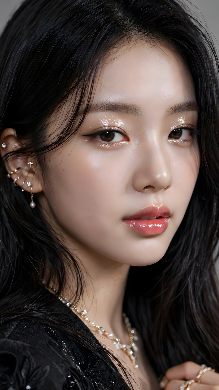 Woman with long black hair and glitter eyeshadow wearing earrings and a necklace