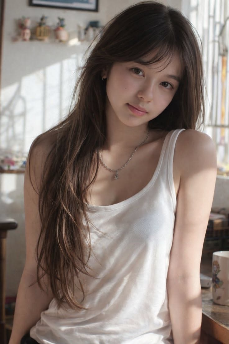 Woman with long brown hair wearing a white tank top indoors with soft lighting