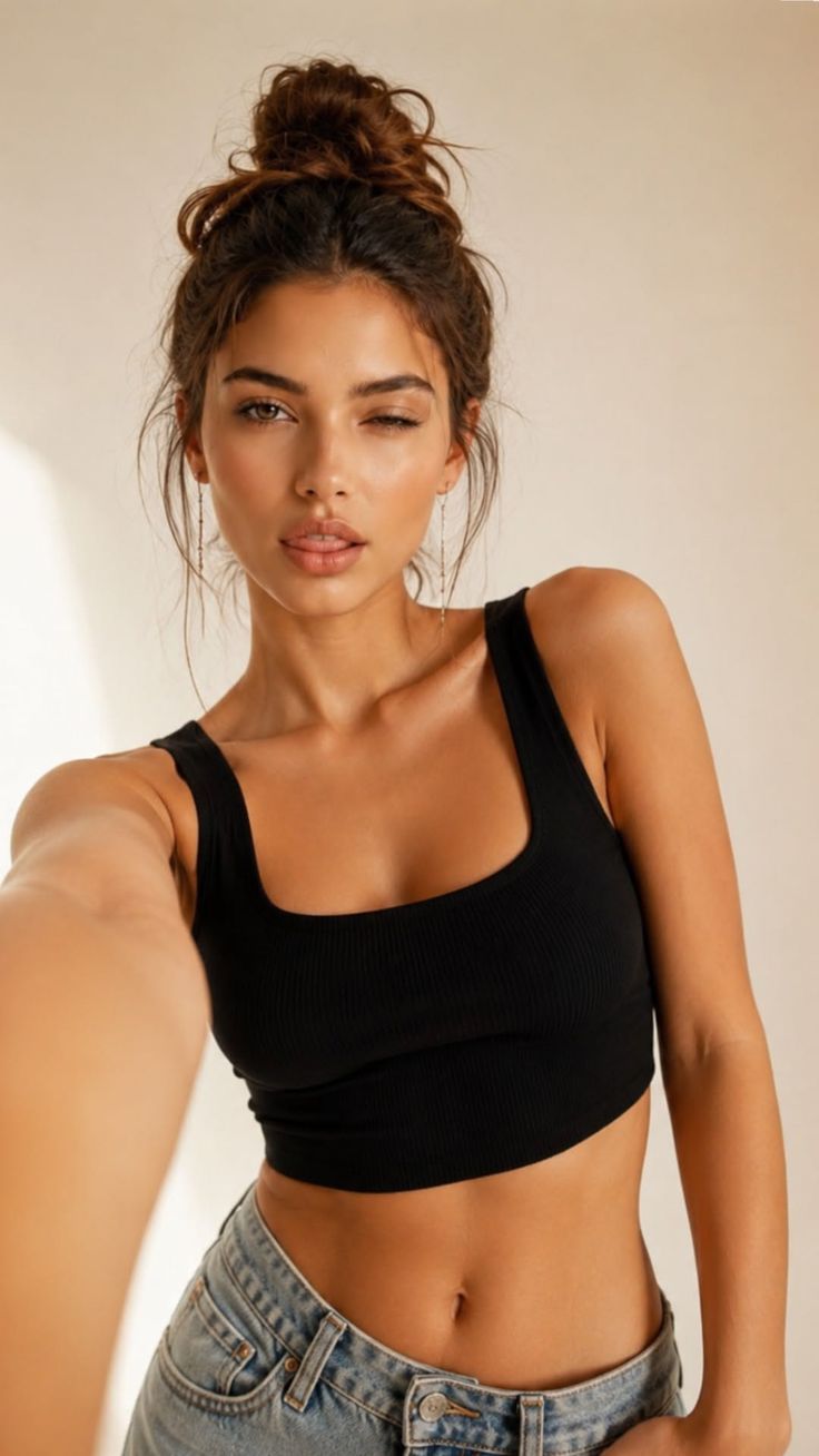 Woman with a messy bun in a black crop top and jeans taking a selfie