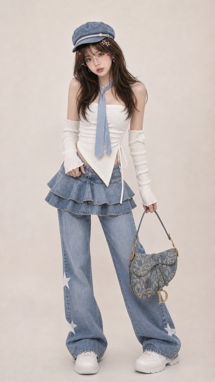 Woman in a denim hat, white top, and denim pants with a ruffle skirt overlay