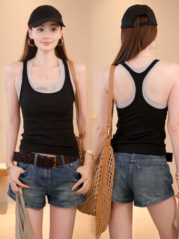 Woman in a black tank top, denim shorts, and a baseball cap, front and back view