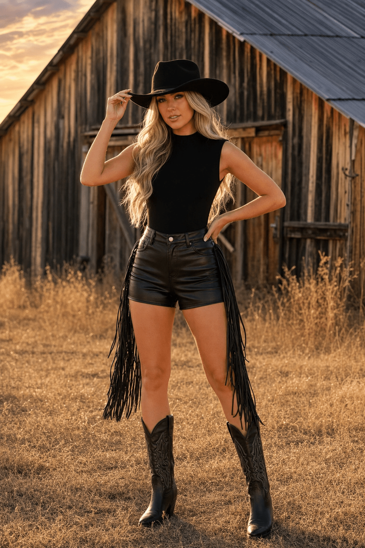 Woman in a cowboy hat and leather shorts posing in front of a barn at golden hour