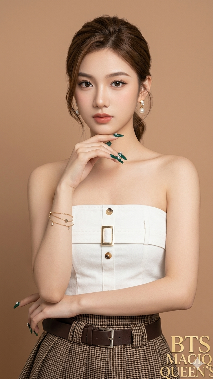 Woman in a white strapless top and plaid skirt with pearl earrings