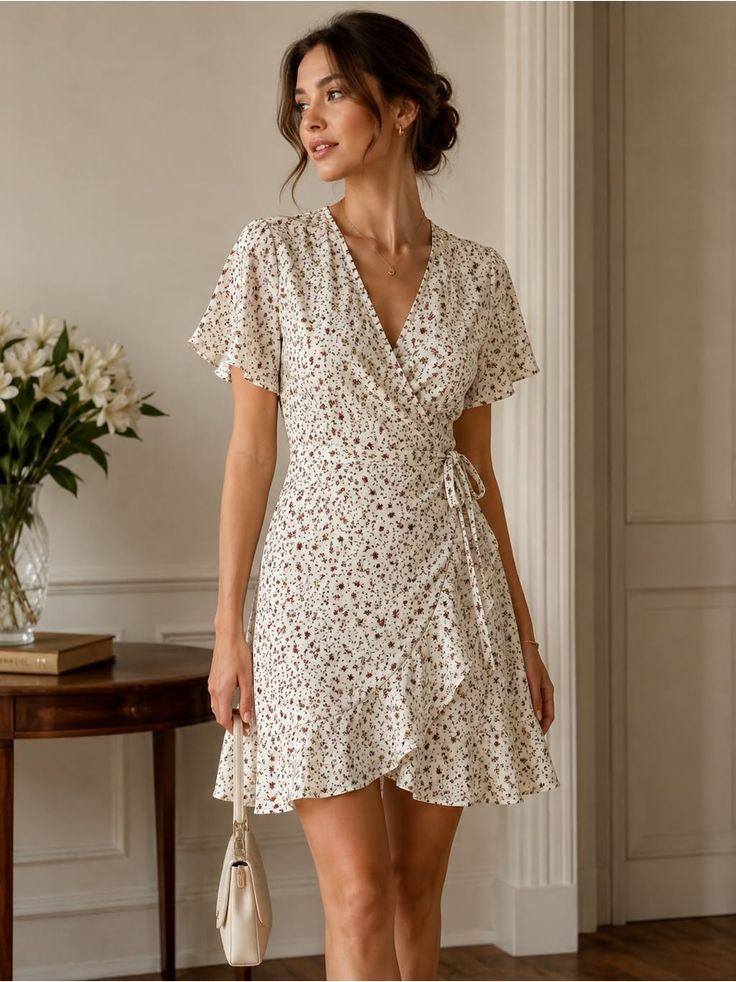 Woman in a white floral wrap dress holding a white handbag indoors