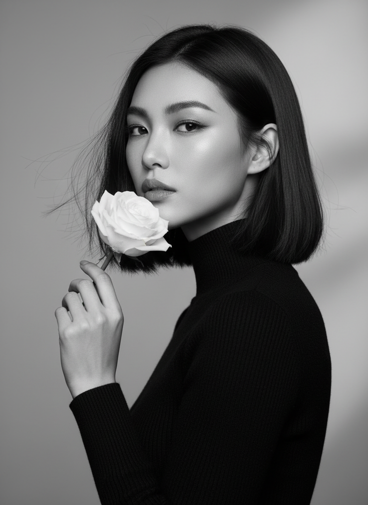 Woman with short hair in a black turtleneck holding a white rose