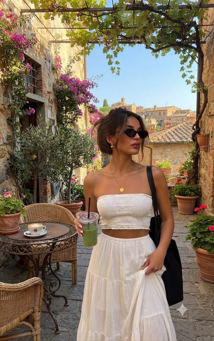 Woman in a white crop top and long skirt on a cobblestone street with flowering vines