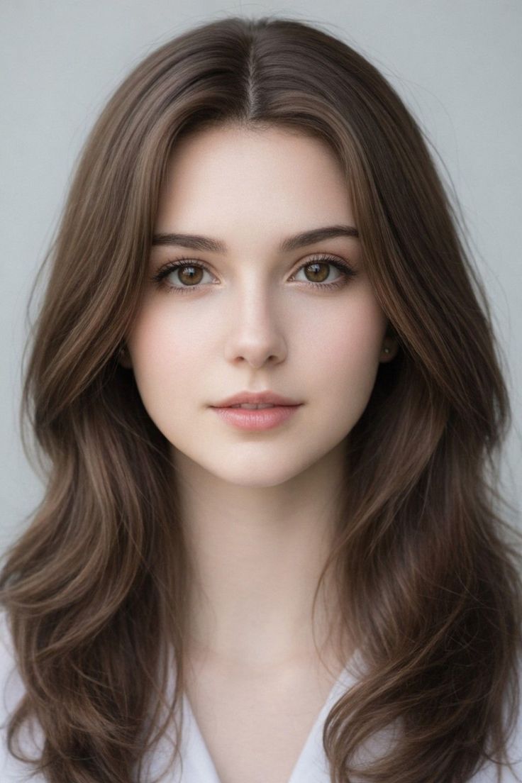 Close-up portrait of a young woman with long brown hair and brown eyes