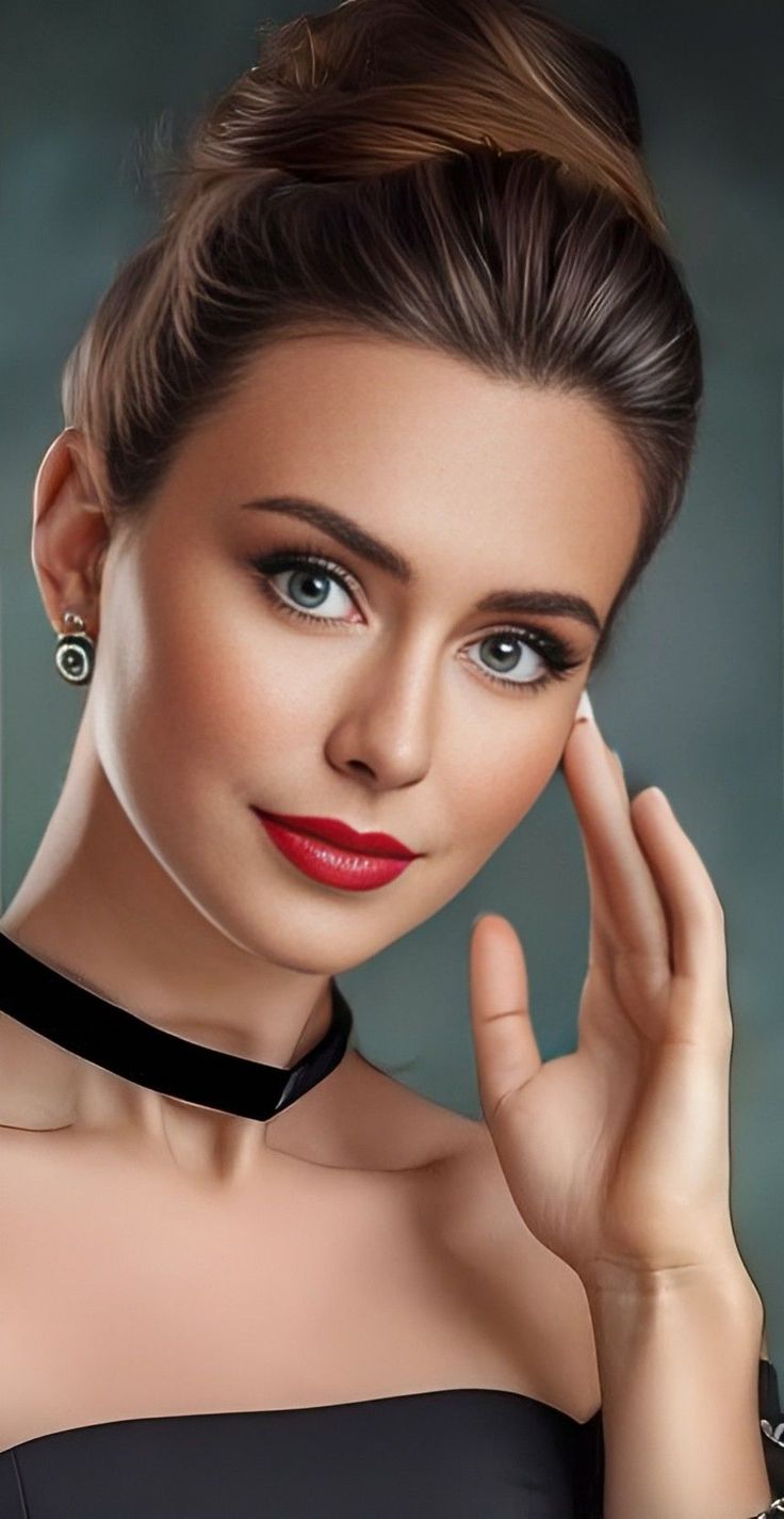 Woman with an updo, red lipstick, and a black choker