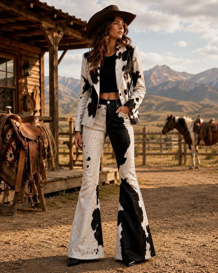 Woman in a cow print suit and cowboy hat at a ranch with mountains in the background