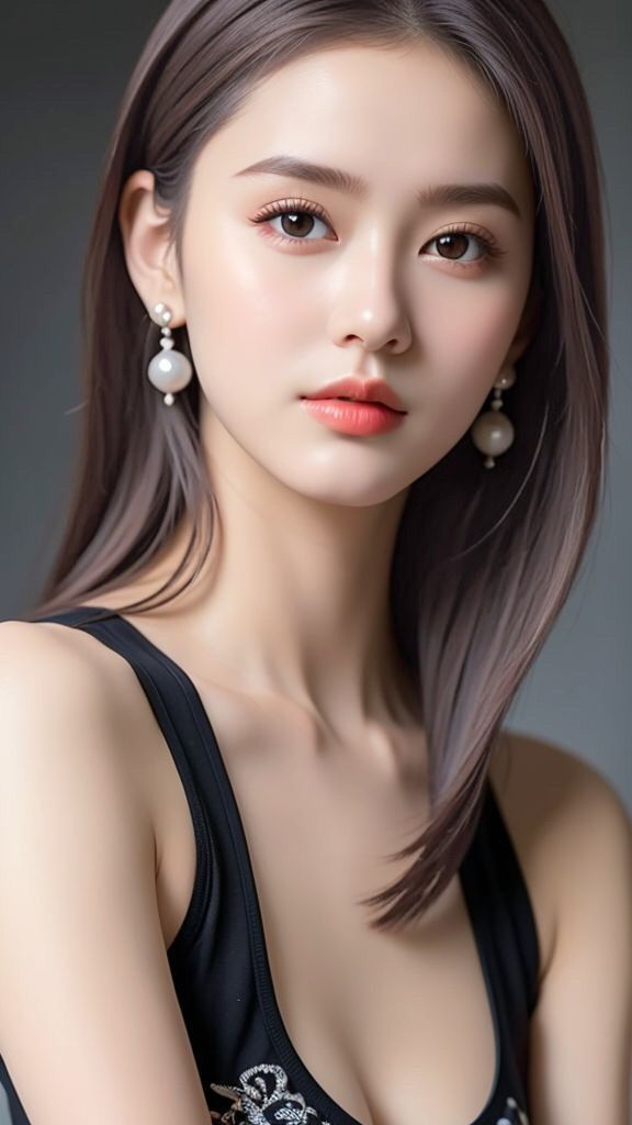 Woman with long brown hair and pearl earrings wearing a black top