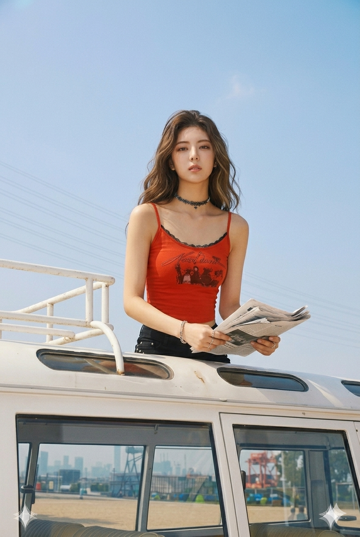 Woman with long wavy hair in a red crop top holding a newspaper on a car roof
