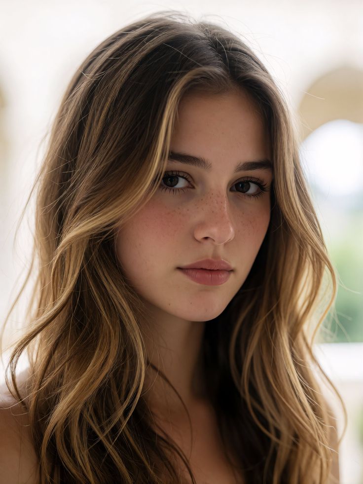 Close-up portrait of a young woman with long wavy hair and freckles