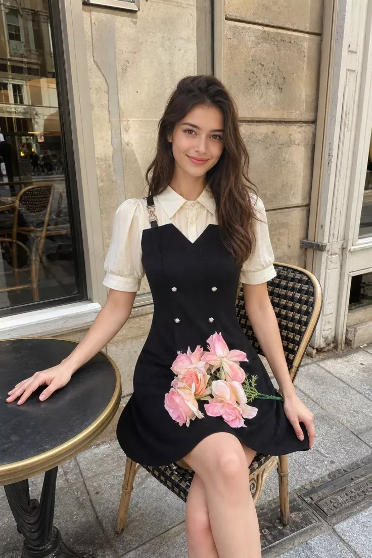 Woman in a black dress and white shirt sitting at an outdoor cafe table with pink flowers