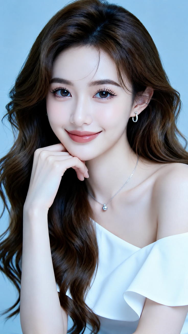 Woman with long wavy hair wearing a white off-shoulder top and jewelry