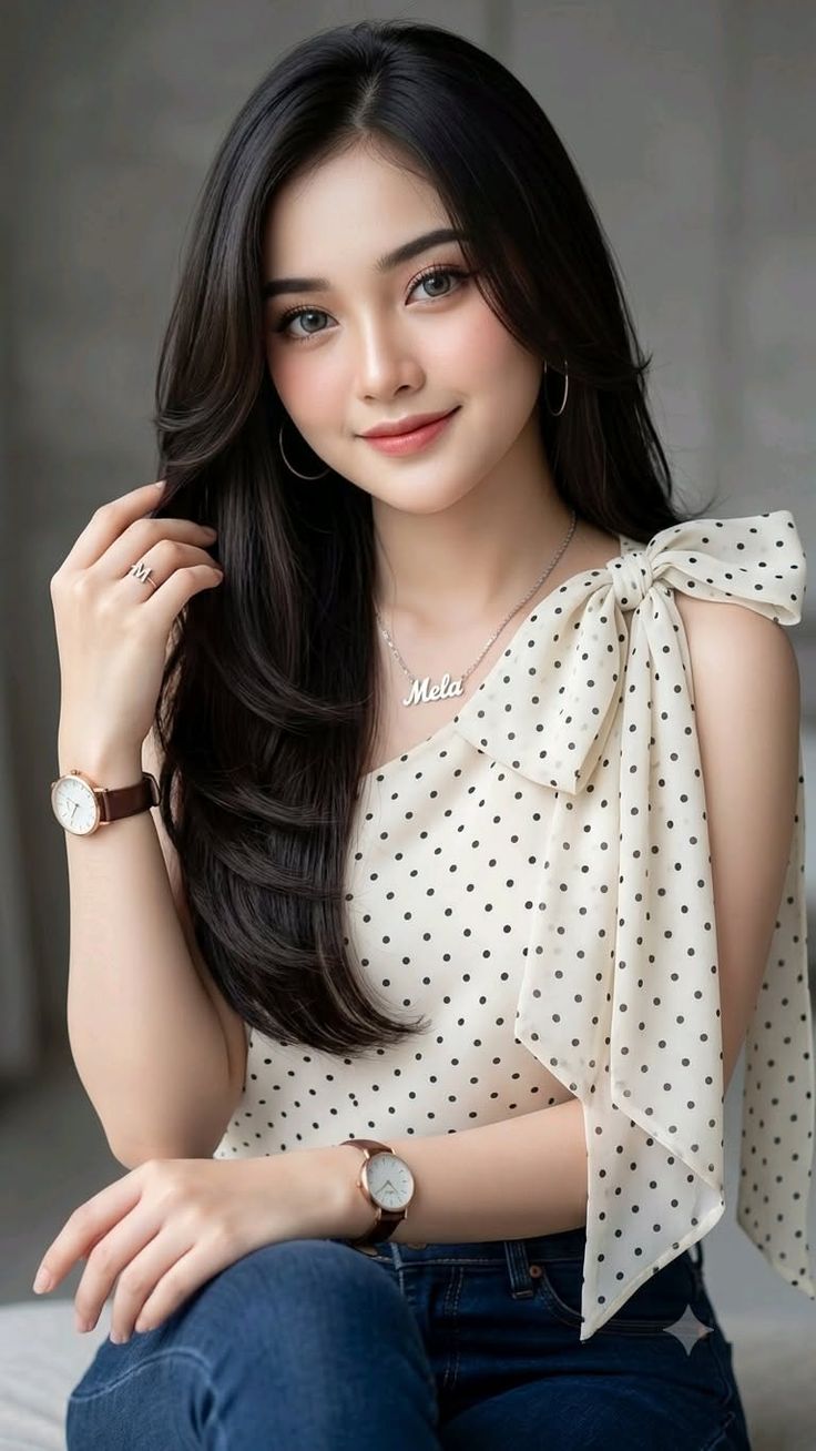 Woman with long dark hair wearing a polka dot top with a bow detail