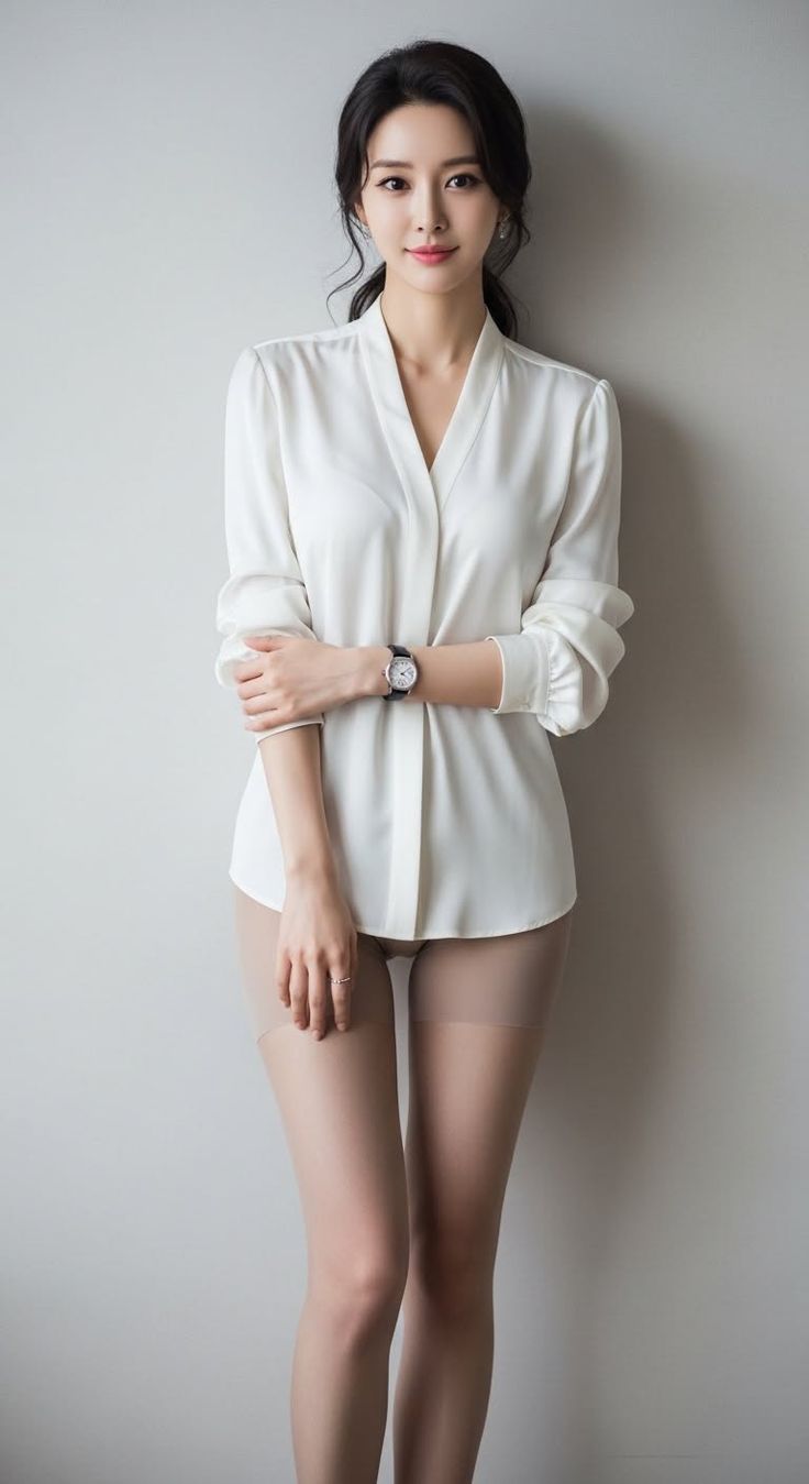 Woman in a white blouse and sheer tights posing indoors