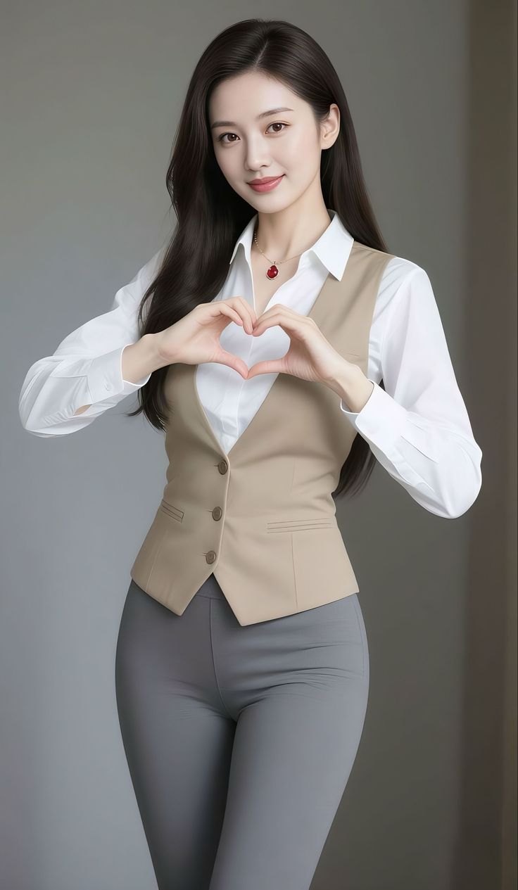 Woman with long dark hair making a heart shape with her hands