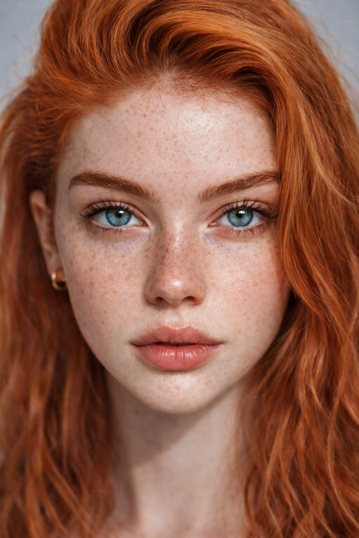 Close up portrait of a woman with red hair, blue eyes, and freckles