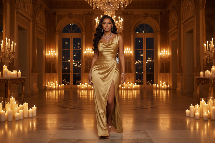 Woman in a gold dress and jewelry in an elegant room lit by candles