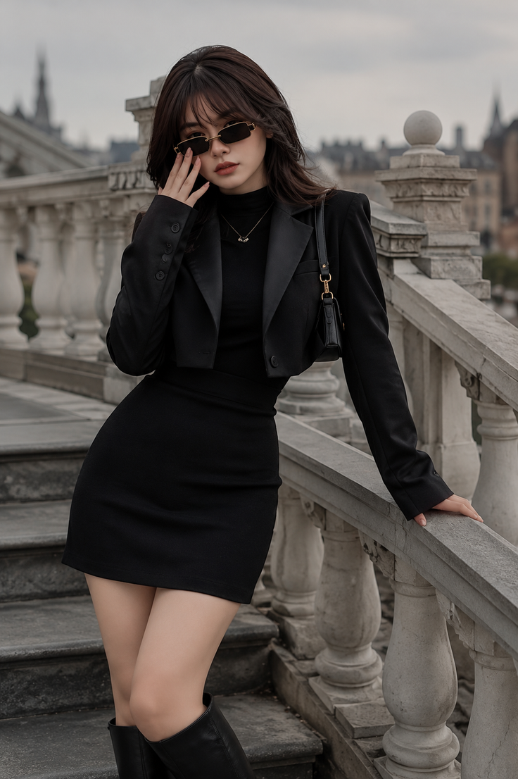 Woman in a black dress and cropped blazer posing on a stone balustrade